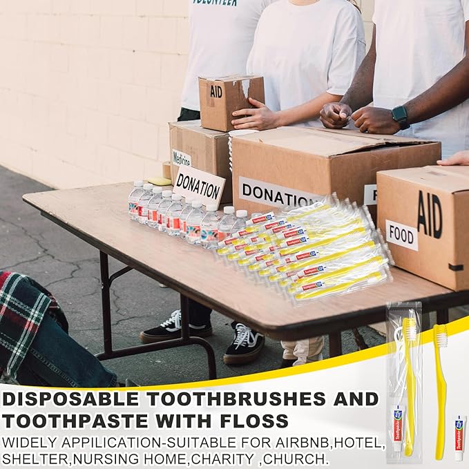 100pcs Disposable Toothbrushes with Toothpaste and Floss,Yellow Bulk Single Use Toothbrush Floss Pick Individually Wrapped Disposable Travel Toothbrushes Kit for Homeless,Airbnb,Hotel,Guest