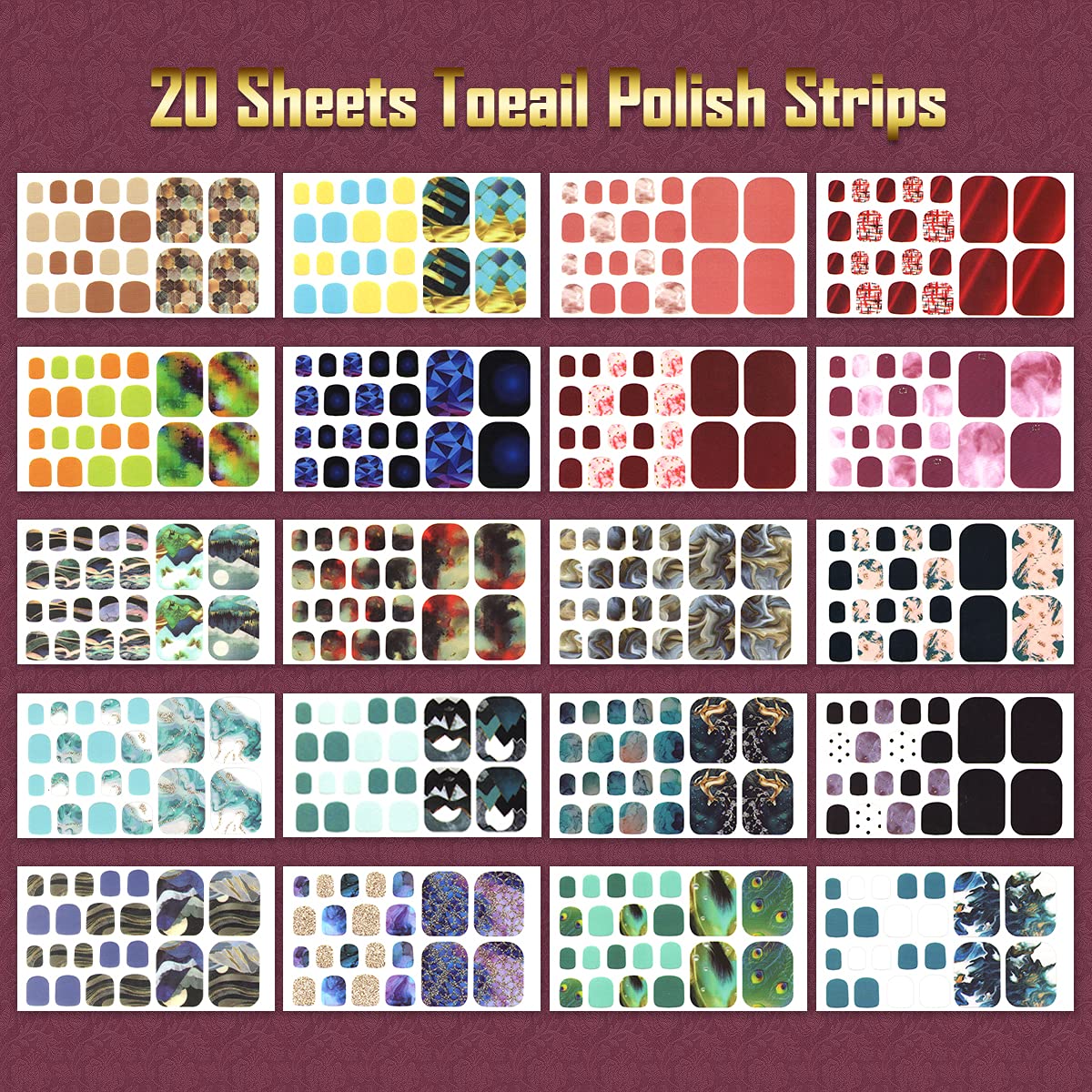 SILPECWEE 440 Tips 20 Sheets Toe Nail Wraps for Women Toes Gel Nail Stickers Marbling Print Self-Adhesive Toenail Polish Strips Gel Sticker Nails Manicure Kit with File