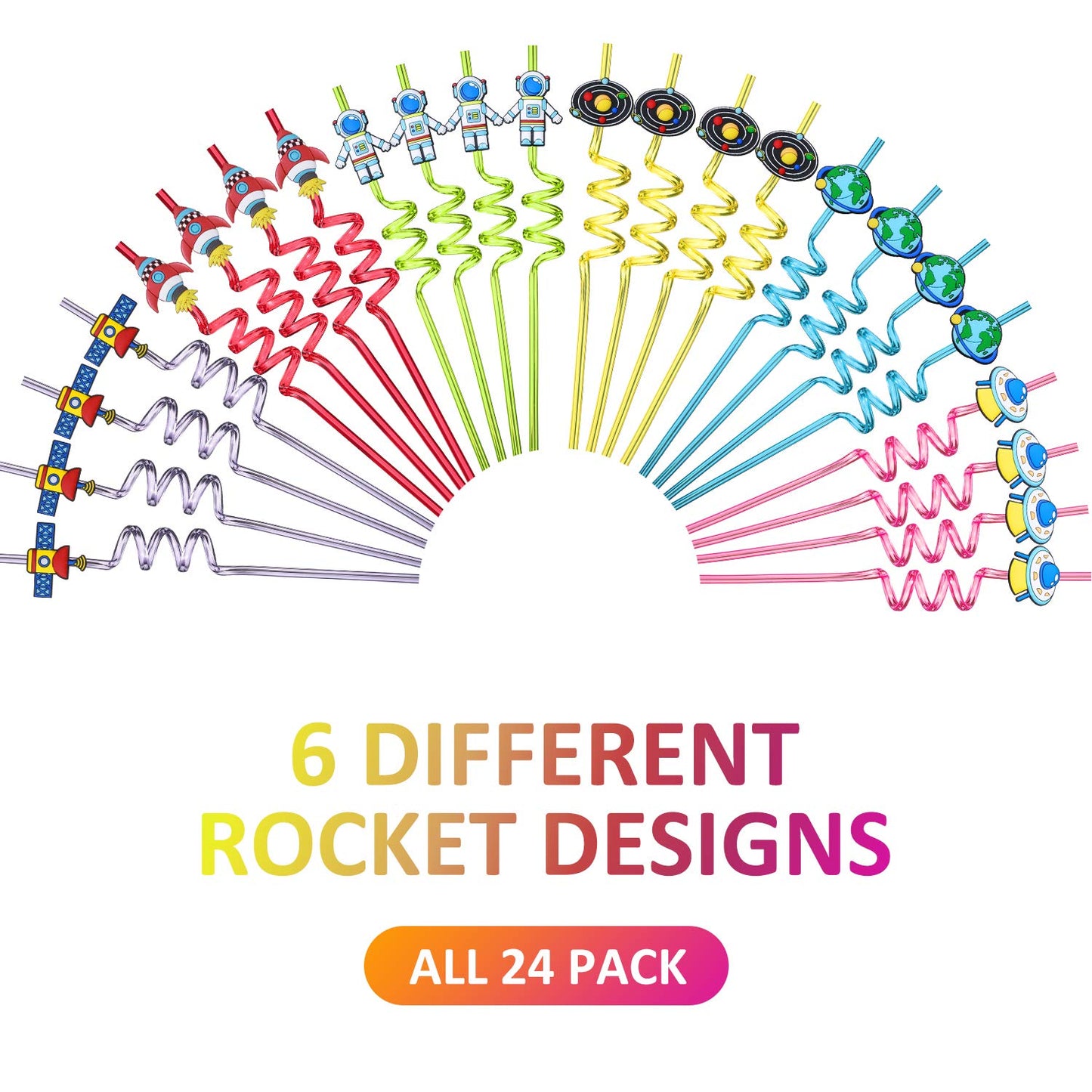 Outer Space Straws Party Favors for Theme Birthday Party Supplies with 2 Cleaning Brush | Solar System Rocket Spaceship Astronaut Satellite Planet Attachments (24+2)