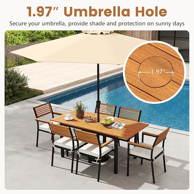Tangkula 7 Piece Patio Dining Set, Outdoor Acacia Wood Cushioned Chairs and 51”-64” Expandable Rectangular Table Set, with Umbrella Hole, 6 Stackable Armchairs, for Poolside Garden (Off White)