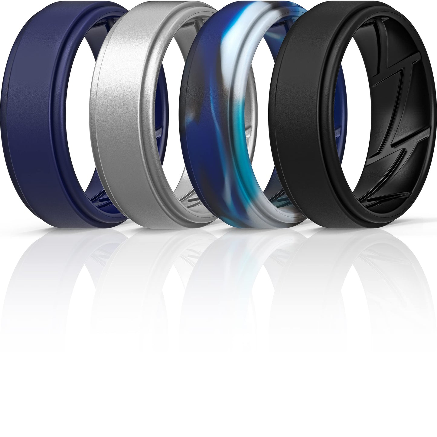 ThunderFit Silicone Wedding Rings for Men Breathable Airflow Inner Grooves, Step Edge Sleek Design Rubber Engagement Bands 8mm Wide 2mm Thick, Variety Multipack 1-7