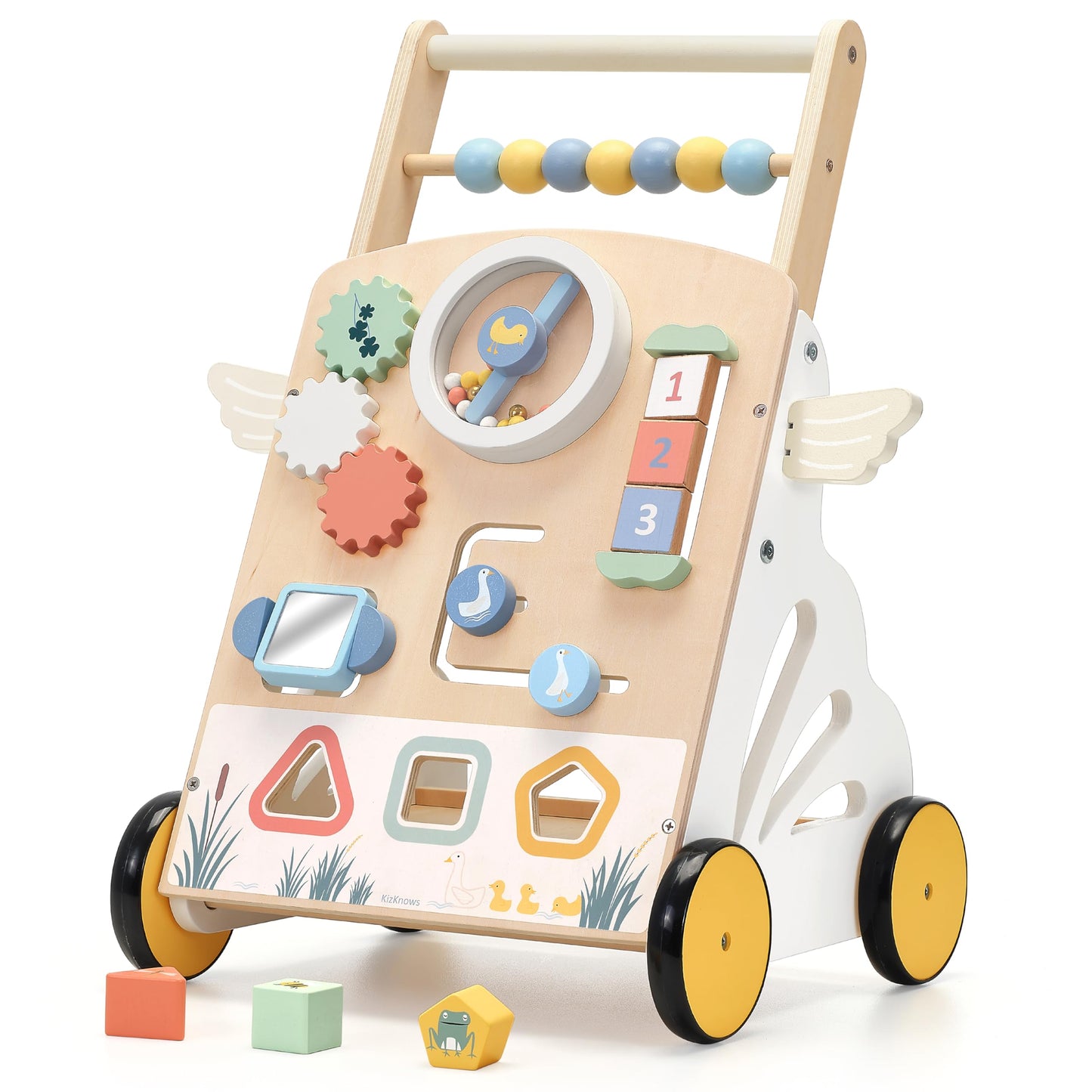 KizKnows Wooden Baby Walker with Wheels Speed Adjustable Baby Push Walker for 12+ Months Boys Girls Learning to Walk & Sit-to-Stand Activity Center with Sensory Toy Kids Development Gift