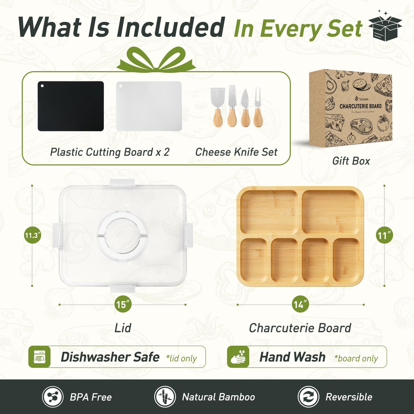 Charcuterie Board with Clear Lid, 2 Side Large Bamboo Cheese & Cutting Board for Kitchen, Includes 2 Plastic Cutting Mats & 4 Cheese Knives, Perfect for Snacks, Charcuterie Boards Gift Set