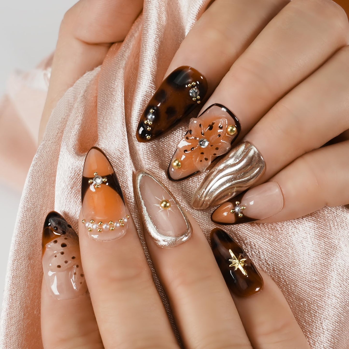 Tesytto Gothic 3D Floral Press on Nails Medium Almond - Gold Cross & Rhinestone Design, Handmade Pearl Luxury Dark Romantic Reusable Nails (Orange Diamond Sweet Luxury,L)