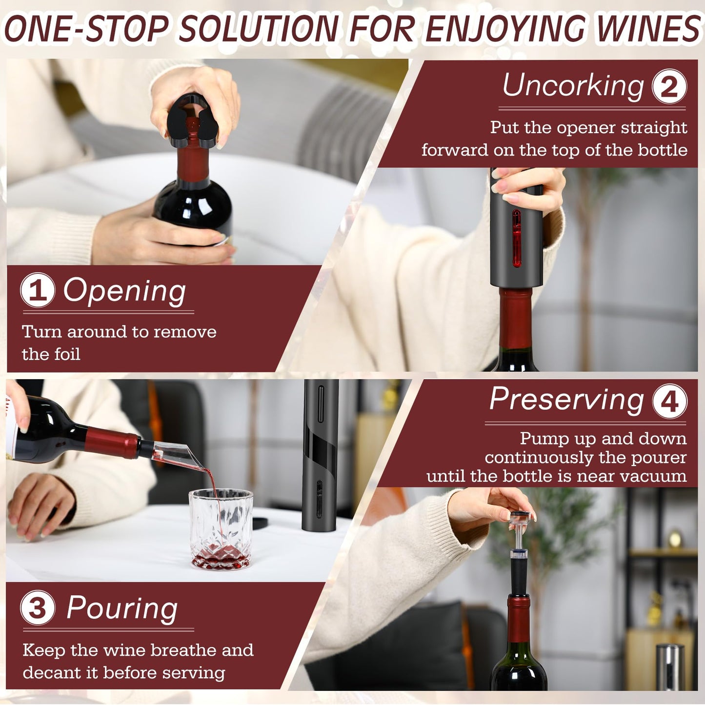 Breezesound 6-in-1 Electric Wine Bottle Opener Set, Cordless Rechargeable Wine Opener with Charging Base, Foil Cutter, Aerator Pourer & Stopper - Perfect Wine Gift Set for Wine Lovers