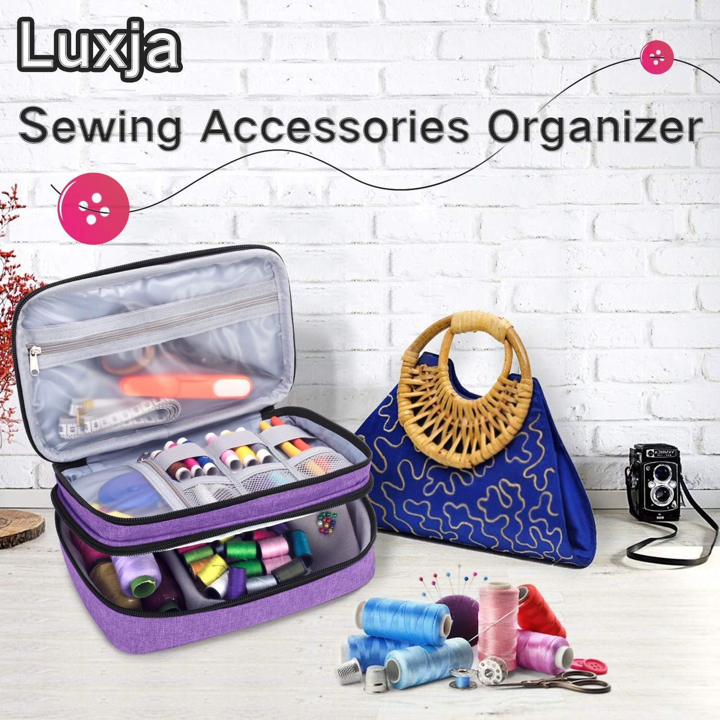 Luxja Sewing Accessories Organizer, Double-Layer Sewing Supplies Organizer for Needles, Scissors, Measuring Tape, Thread and Other Sewing Tools (NO Accessories Included), Purple
