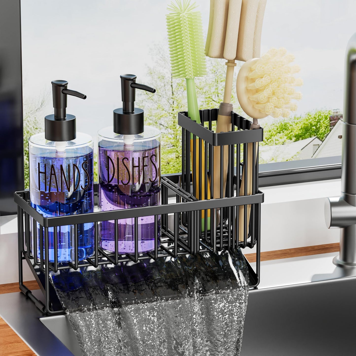 MASADI Kitchen Sink Caddy with Dish Soap Dispenser Set, 12OZ Glass Bottle, Hand and Dish Soap Dispenser Set, Non-Slip Silicone Pad, Brush Holder, Kitchen Sink Organizer Countertop (Black+Clear)