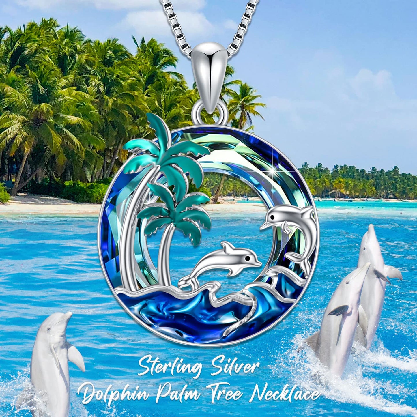 PROESS Dolphin Necklace Sterling Silver Palm Tree Pendant Necklace With Blue Crystal Ocean Wave Jewelry Gift For Women