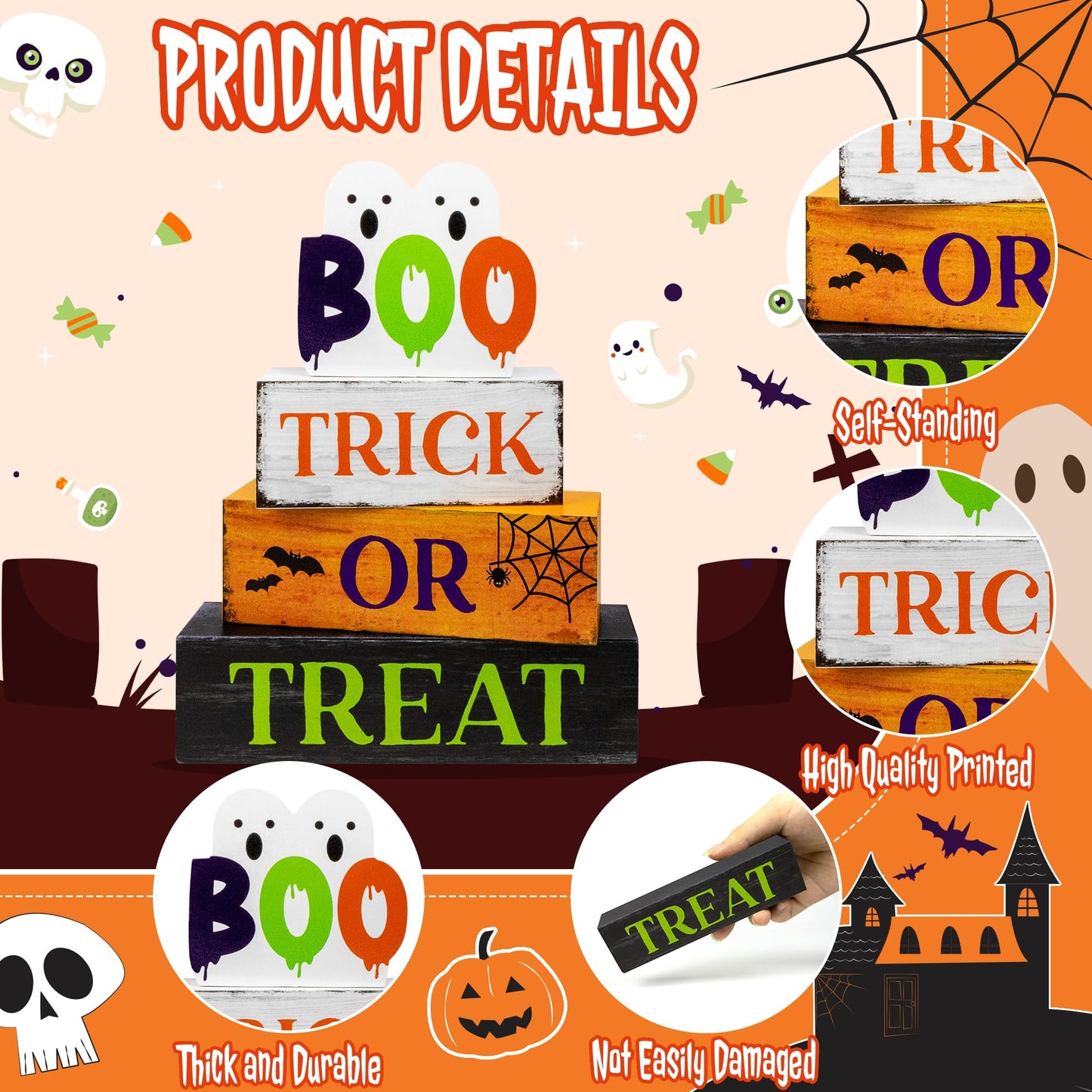 4 Pcs Halloween Wooden Tiered Tray Decor, Trick or Treat Decorations Gifts for Home, Halloween Table Centerpiece for Fall Party Kitchen