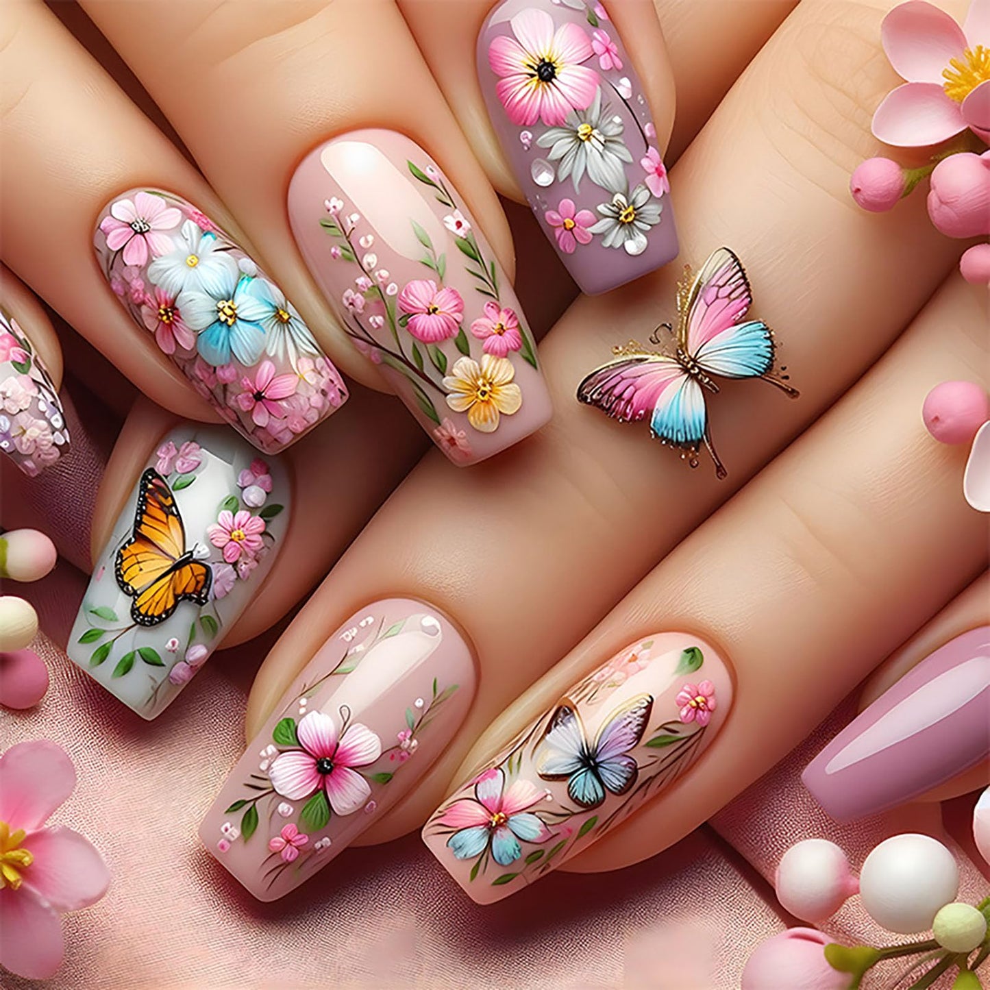 Spring Press on Nails Coffin Medium Fake Nails with Floral Butterfly Designs Pink Nails Press ons Glossy Glue on Nails Full Cover False Nails Cute Acrylic Nails Summer Stick on Nails for Women 24Pcs