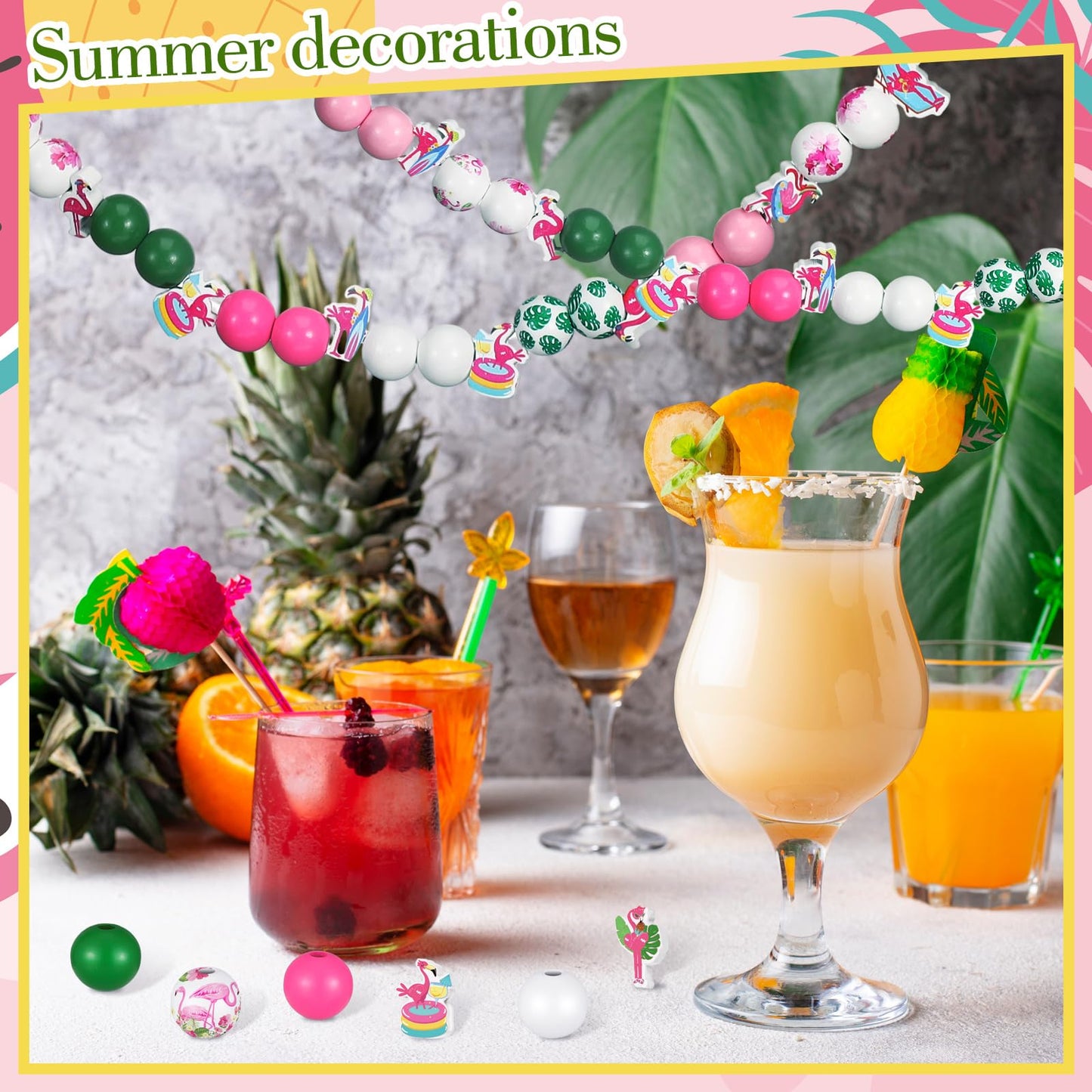 Tradder 200 Pcs Flamingo Summer Beads Round Wood Beads with Palm Leaves Polished Hawaii Tropical for Jewelry Making, DIY Crafts, Home Decor, Spring & Summer