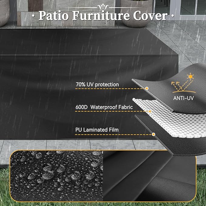 Aoxun 7 Piece Patio Furniture Set with Wide Armrests & 44” Fire Pit Table Wicker Rattan Outdoor Sectional Sofa Set with Coffee Table and Thickened Cushions, Gray/Blue(Waterproof Cover Included)