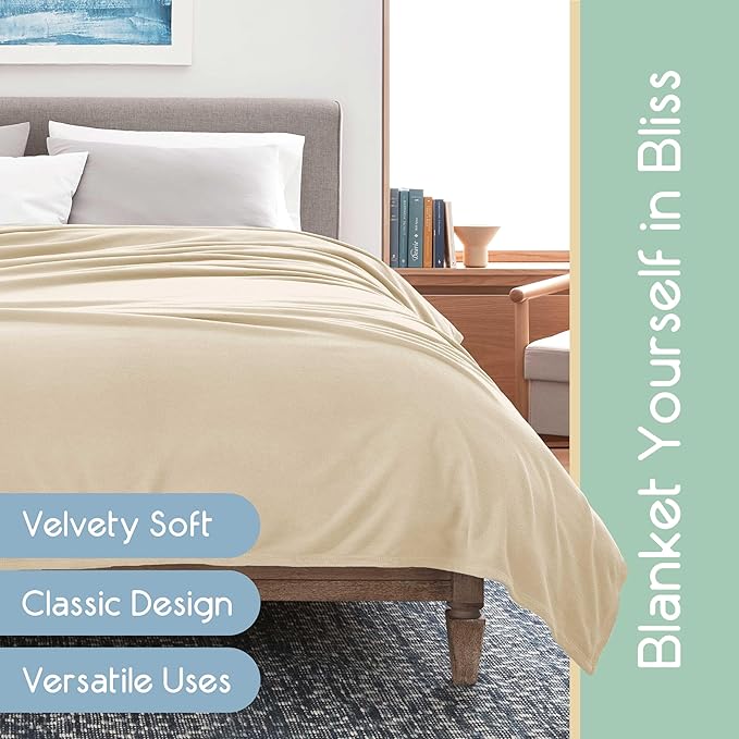 Twin Size Microfleece Blanket | Fleece Bed Blanket | All-Season Comfort| Supersoft Lightweight Throw Blanket | Plush Throw Blanket for Bed Couch or Sofa | Travel Blanket | Pet-Friendly | Ivory