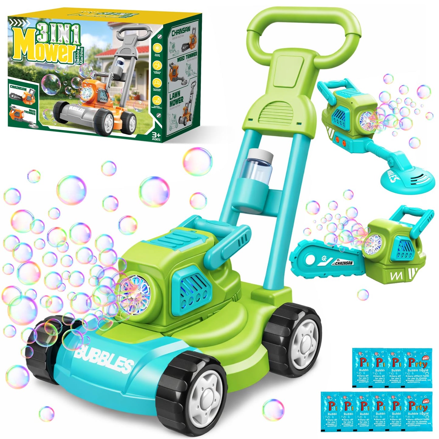 Bubble Lawn Mower for Kids, 3-in-1 Bubble Machine Blower with 10 Bubble Solution, Outdoor Push Toys for Toddlers Ages 3-8, Birthday Easter Summer Gift for Boys Girls 3 4 5 6 7 8 Year Old