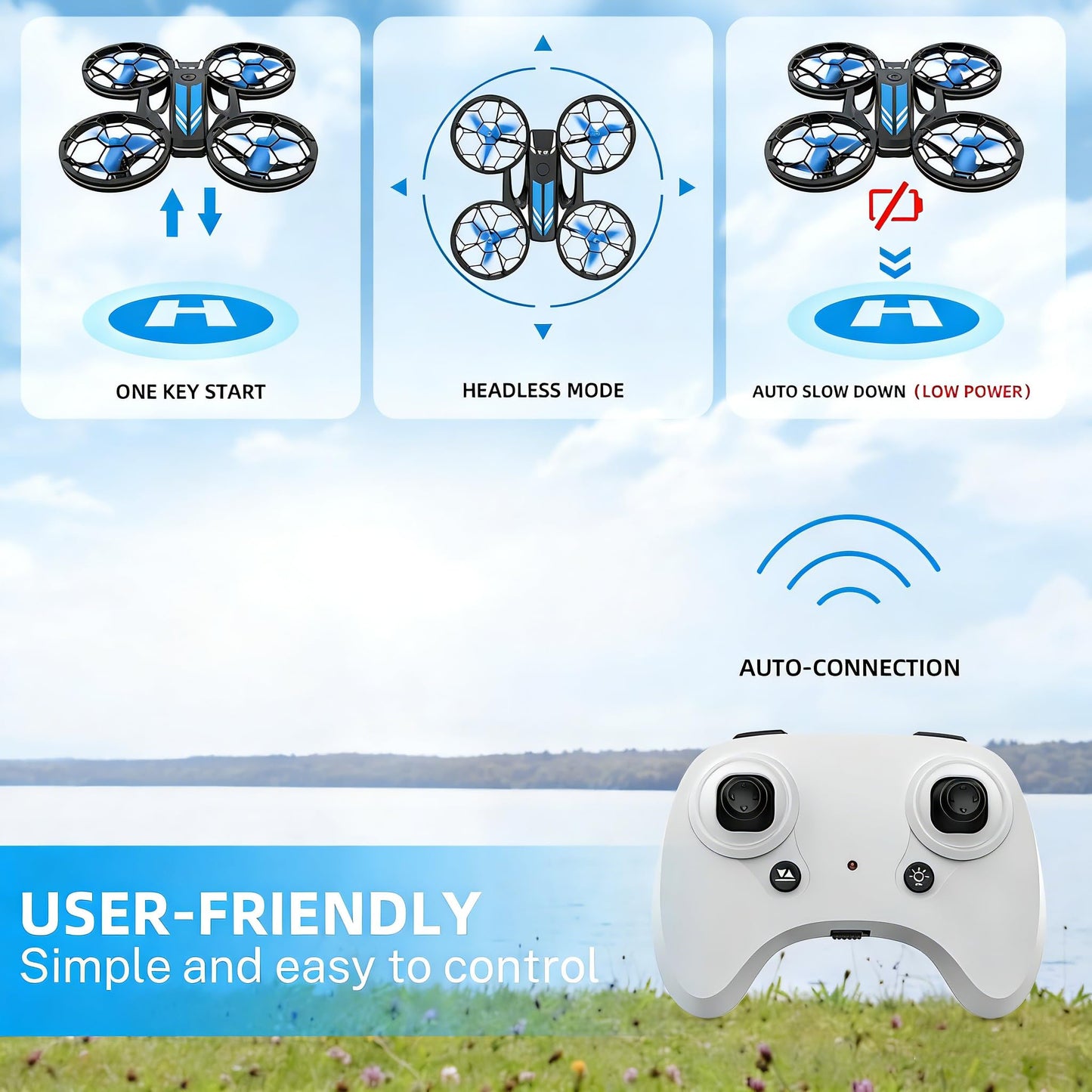 Drones - RC Drone with Auto Hovering and Headless Mode, Quadcopter with LED Light, Propeller Full Protect, 3D Flips, 3 Batteries, Remote Control, Best Gifts