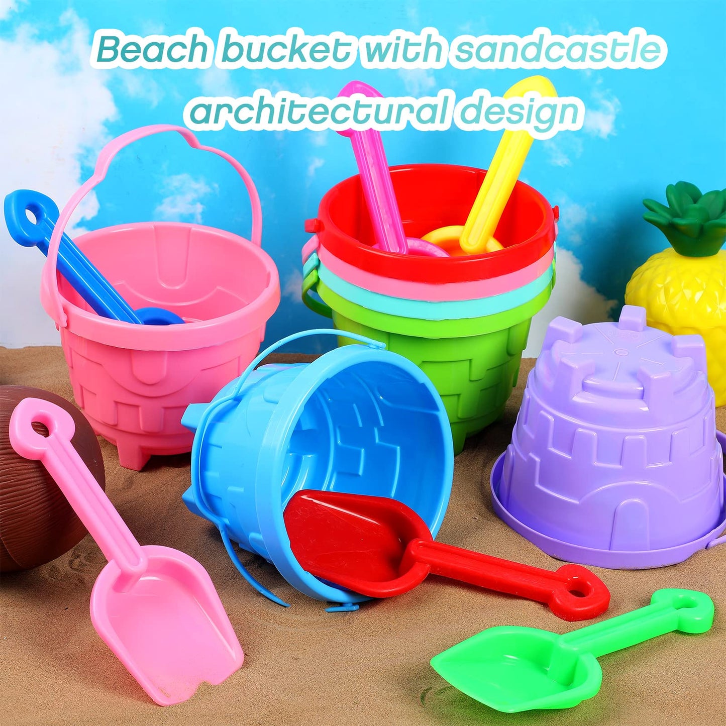 Didaey 30 Set Beach Sand Buckets and Shovels, Include Sand Pail Bucket 6 Colors with Castle Design Inside and Shovels for Boys Girls Summer Party (5.5 x 4.7 Inch)