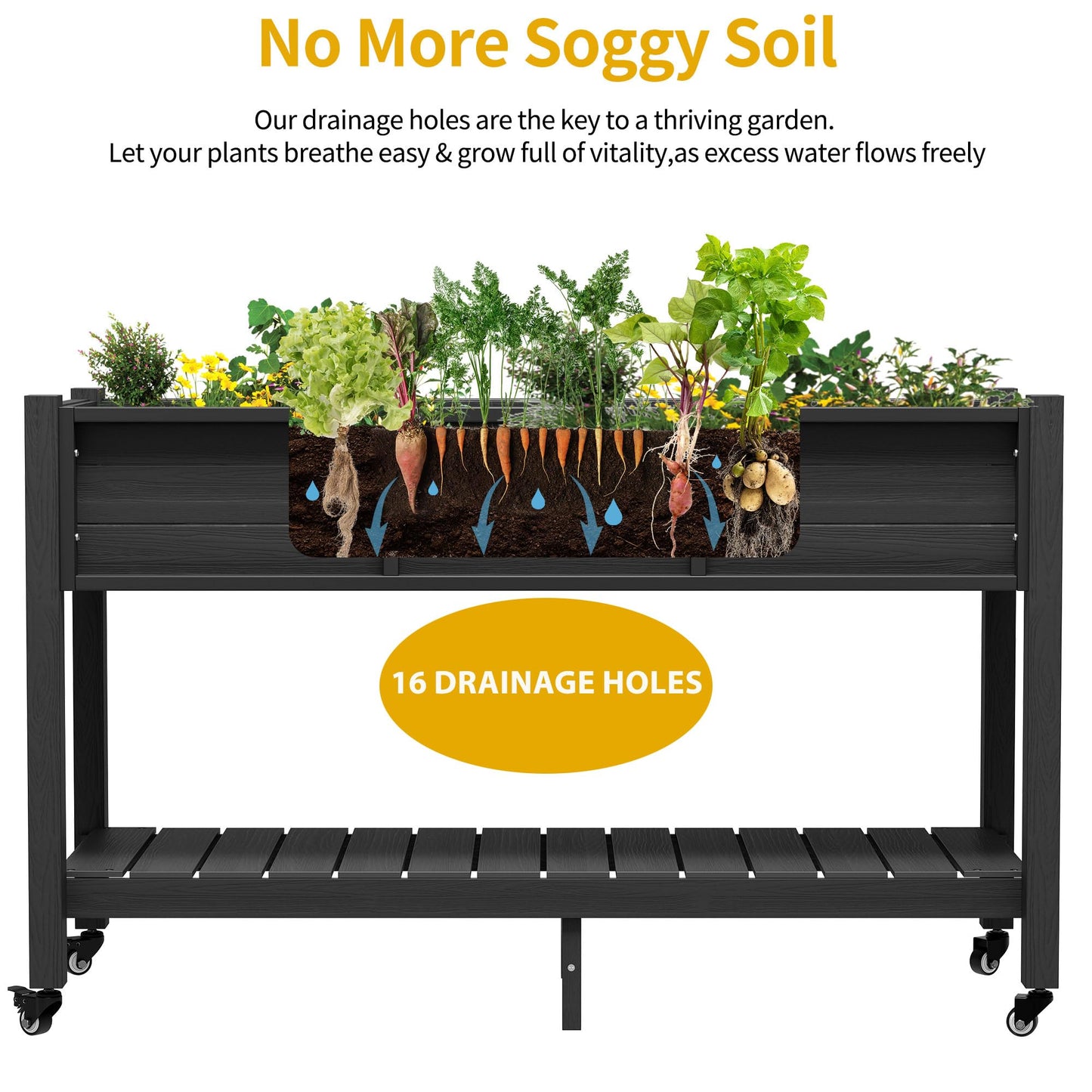DWVO 47x18x31in Raised Garden Bed Outdoor HDPE with Legs and Lockable Wheels, Weather-Resistant Poly-Wood Elevated Planter Box, Double Tier Planters for Backyard Patio Balcony, Black