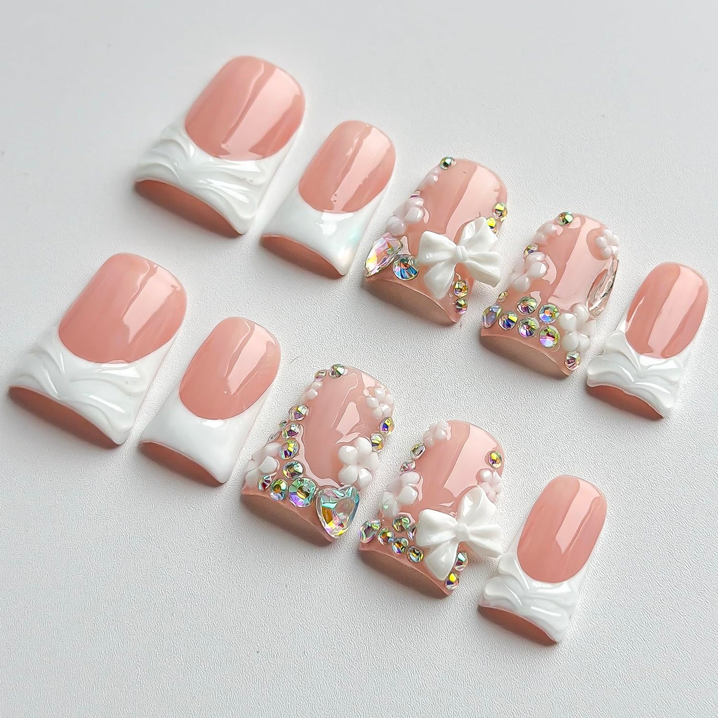 Luxury Press on Nails Short Duck Handmade 3D Unique Reusable ABS Material Fake Nails White French Tip False Nails with Designs Flower Butterfly Rhinestones Glossy Glue on Nail Thick Acrylic Nail(M)