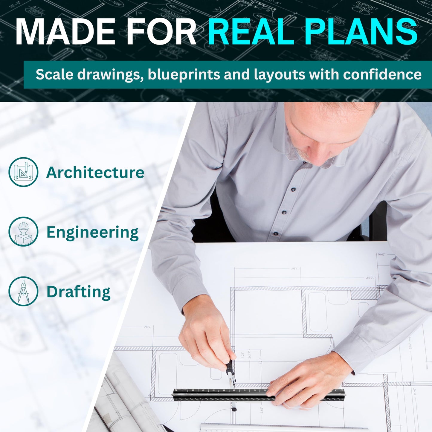NOKKO Architectural Scale Ruler Set with Engineer Scale and Metal Ruler, 12 Inch Aluminum Drafting Rulers for Blueprints, Engineering Drawings and Floor Plans