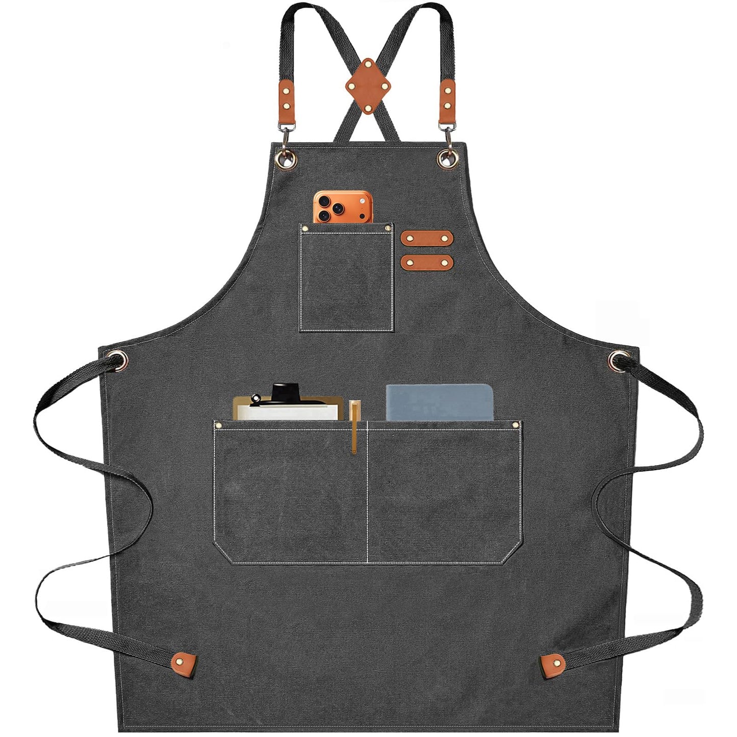 AFUN Chef Aprons for Men Women with Oversized Pockets, 16-Ounce Cotton Canvas Cross Back Heavy Duty Work Apron (Grey)