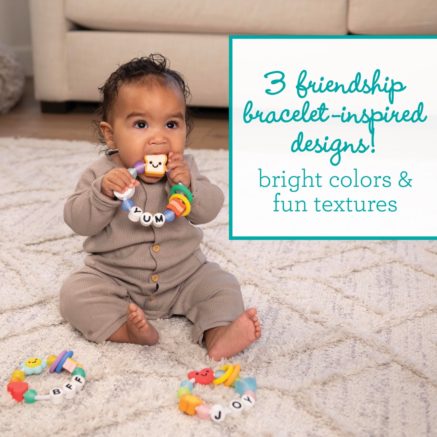 Infantino Friendship Baby Teethers, Soft Silicone Teething Toys, Sensory Textures, Easy to Grip, BPA-Free, Soothes Sore Gums, On-The-Go Travel Teethers, 3-Pack