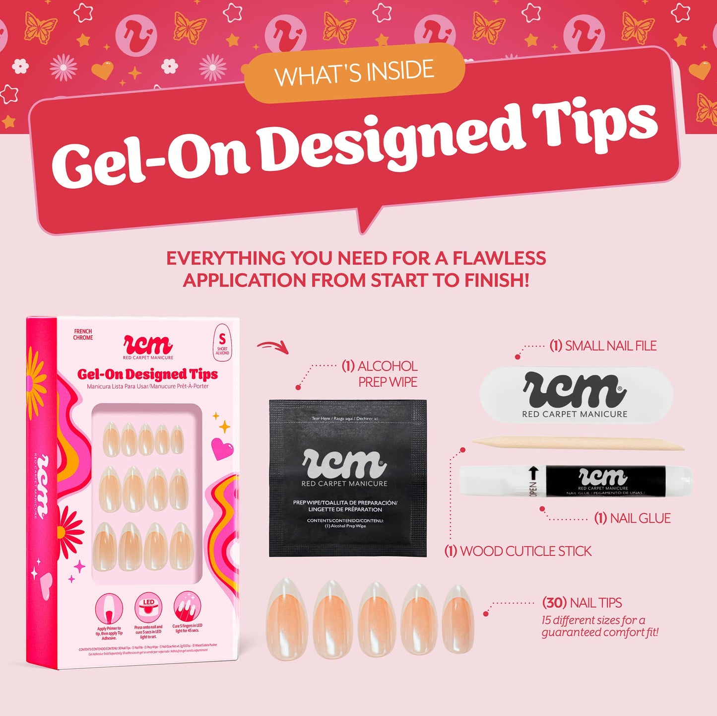 RC Red Carpet Manicure Gel-On Designed Tips - Full Coverage, Flexible, Break-Resistant, 21-Day Wear, UV/LED Cured Gel Adhesion for Natural Look (French Chrome Short Almond)