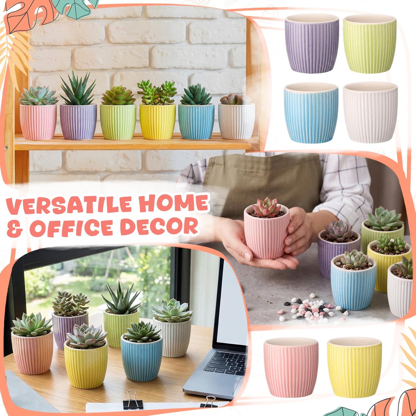 Ferrochef 24 Pcs 2.7 Inch Small Succulent Plant Ceramic Pot with Drainage Hole, Cute Mini Succulent Pots for Plants, Succulents, Cactus, DIY Easter Spring Craft Activity, 6 Colors(Vertical Stripes)