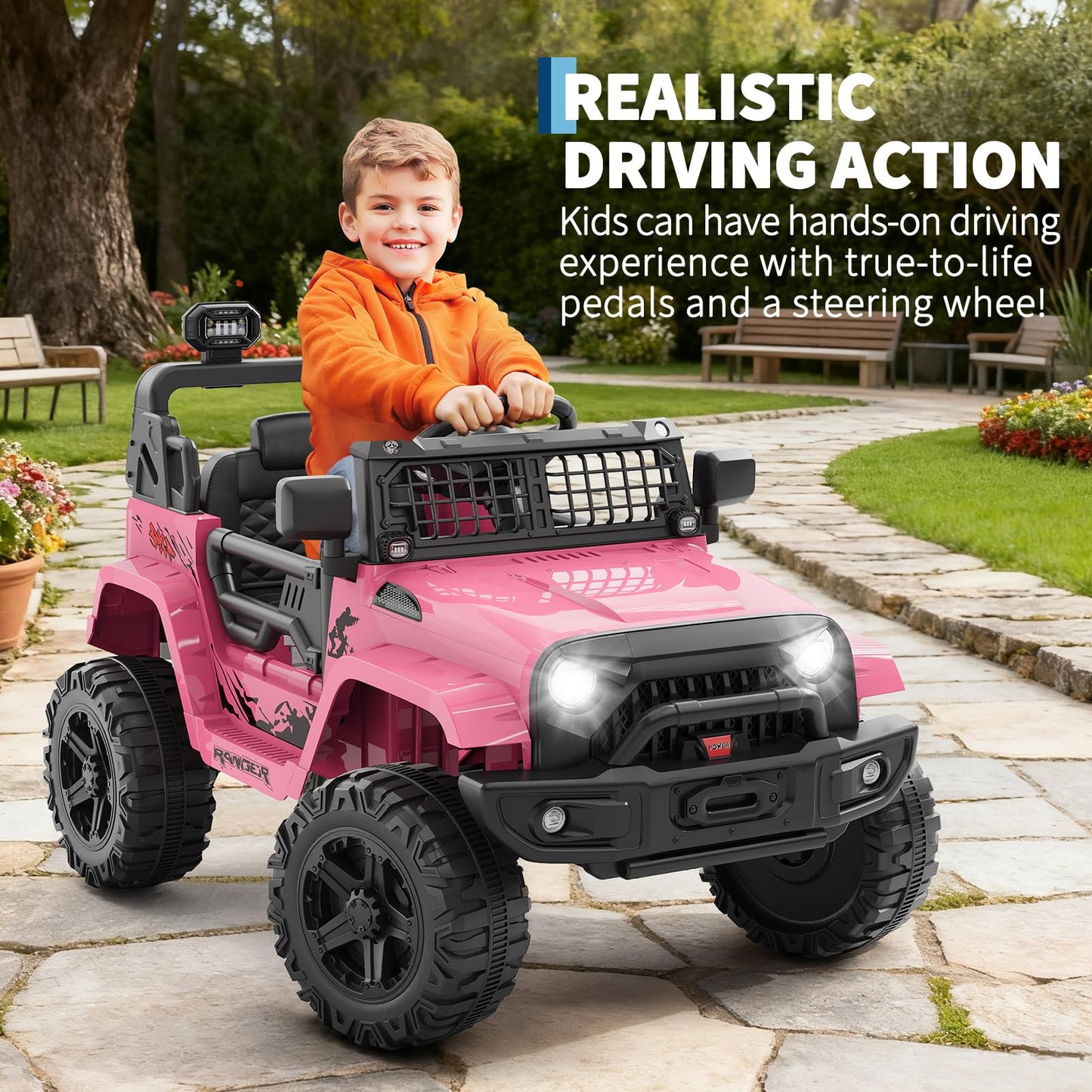 Hetoy Ride on Toys for Kids, Kids' Electric Vehicles, Electric Car for Kids, 12V Ride on Car with Remote Control, Spring Suspension, LED Lights, Bluetooth, 3 Speeds, Toddler Truck Vehicles(Pink)