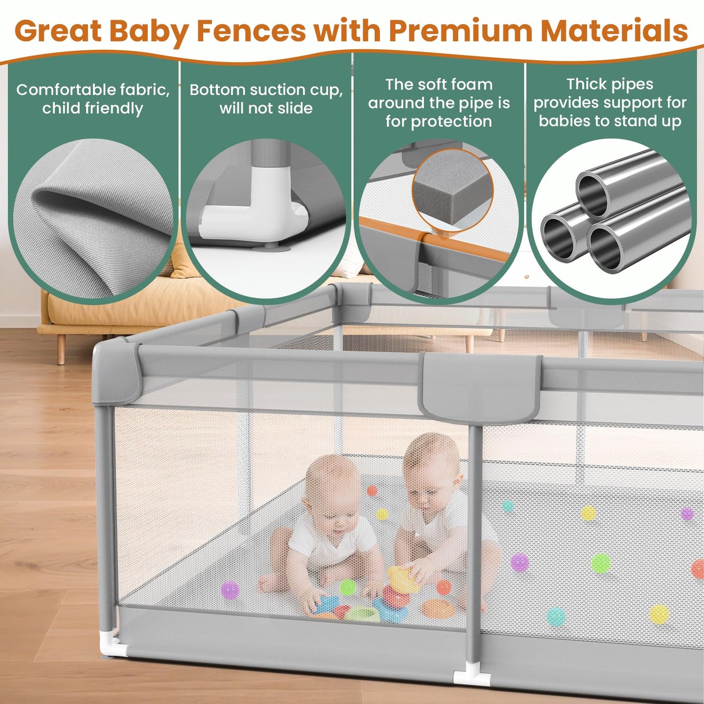79” x 71” Playpen for Babies and Toddlers - Safe Baby Fence with 50 PCS Ocean Balls and 2 Pull Handles for Indoor - Large Baby Playpen for Activity Center - Play Yard with Non-Slip Suction Cups