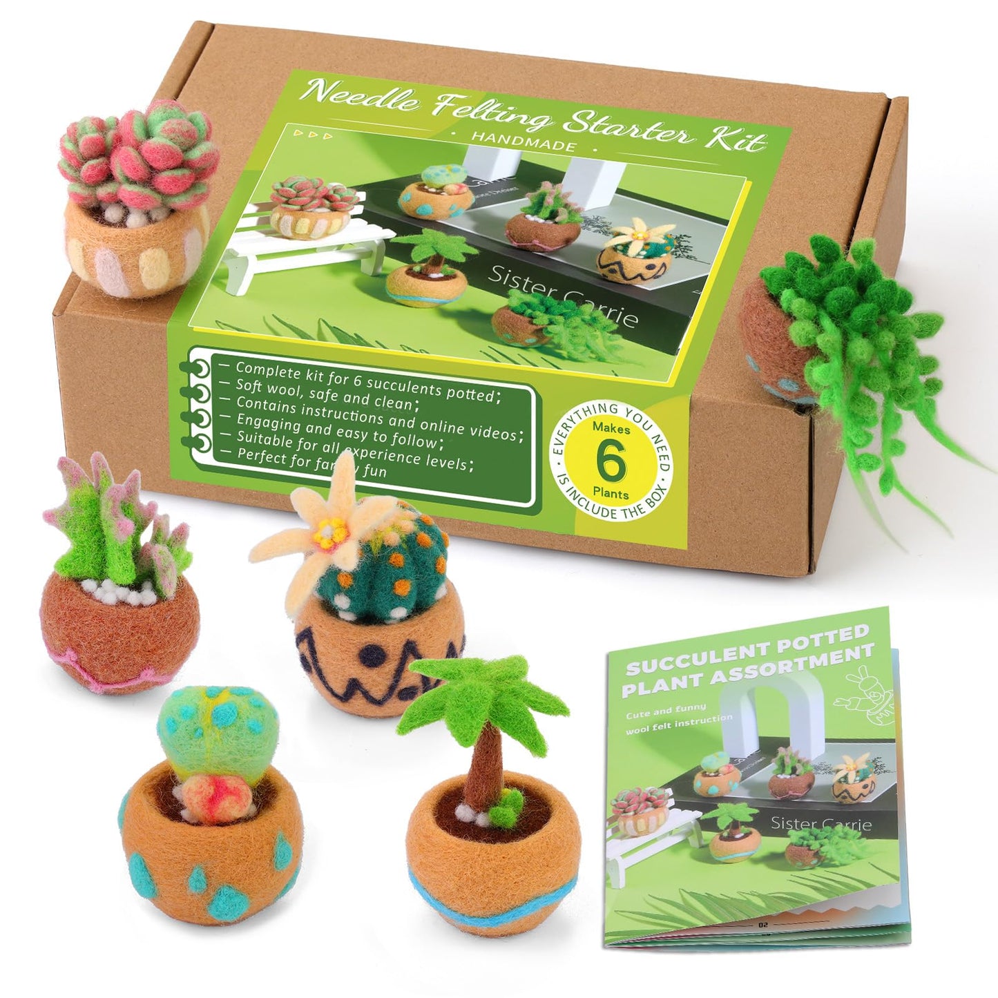 Yizzvb Needle Felting Kit, 6 Pcs Succulent Felting Kit for Beginner, Felting Kit, Needle Felting Tools Including Wool Roving, Foam Mat, Felting Needles and Instructions for DIY Felting Starters
