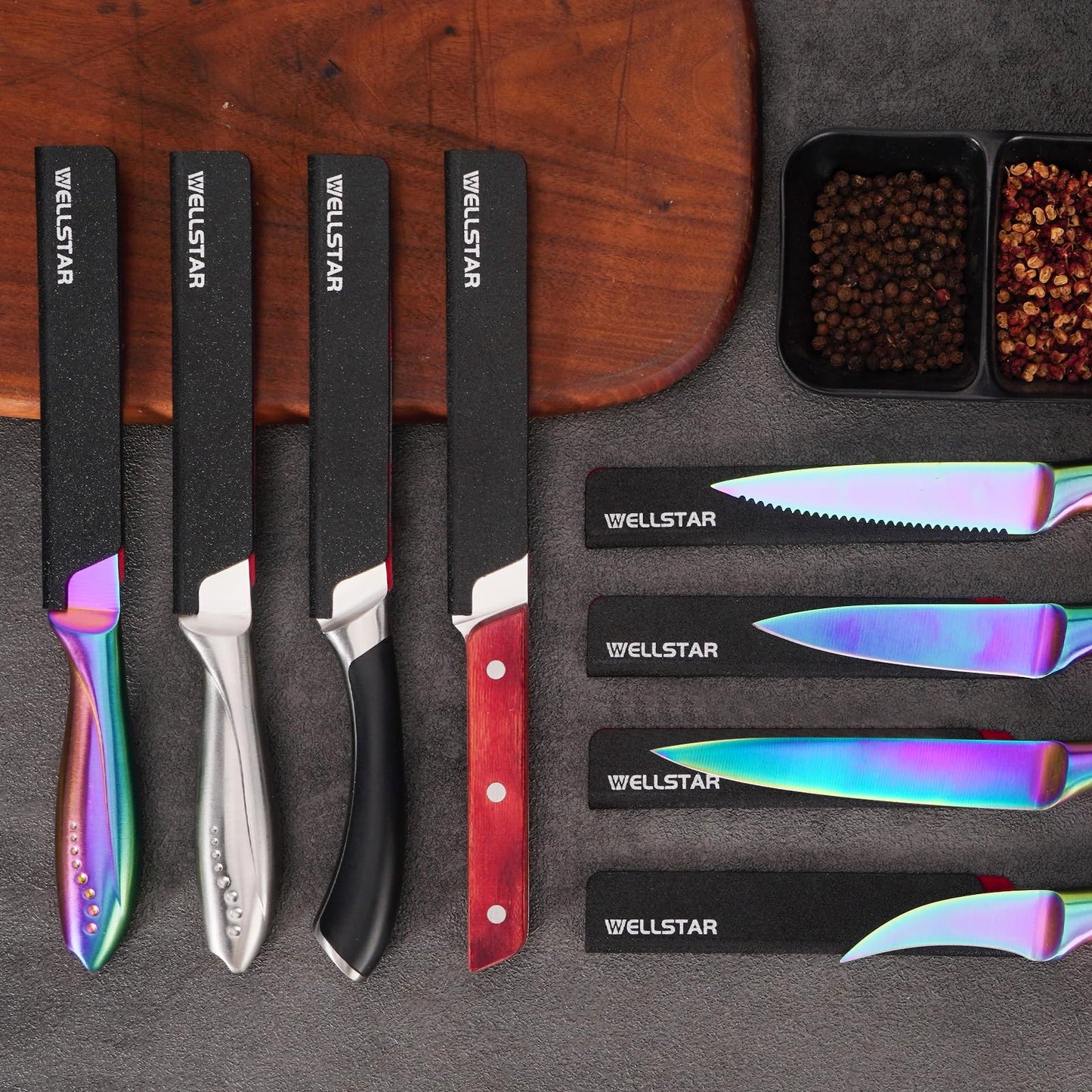 WELLSTAR Steak Knife Edge Guards Set, 8 Piece Universal Blade Covers, BPA Free ABS Protective Blade Sheaths, Non-Scratch Felt Lining Kitchen Utility or Steak Knives Covers (Knives not included)