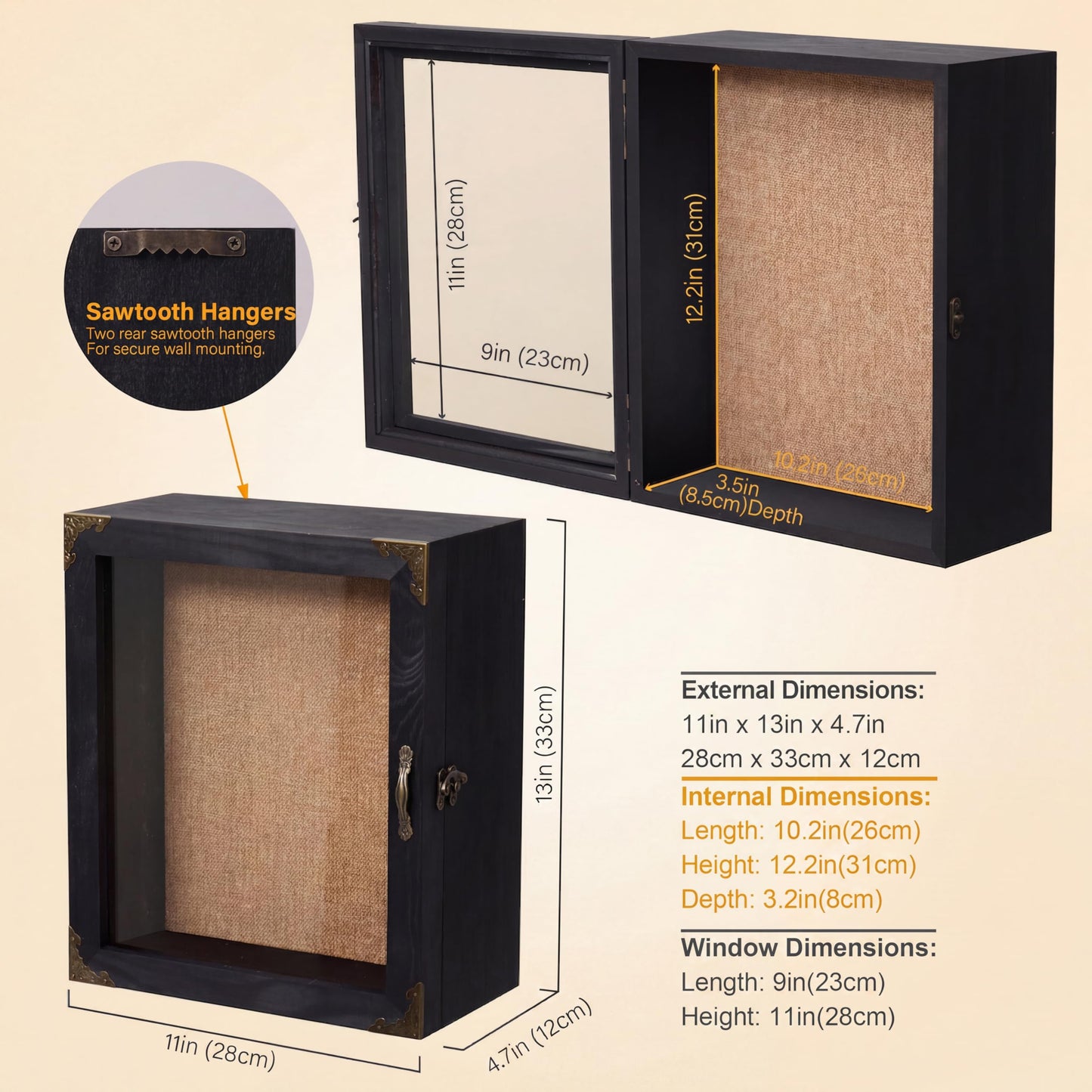 KAASTHAA Shadow Box Frame 11x13, Depth 5in Shadow Boxes Display Cases, Acrylic Door, Rustic Burnt Wood, Vintage Metal Accents, Hinged Door, Metal Handle and Latch, Linen Back