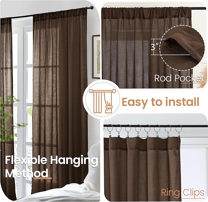 BGment Curtains 48 Inch Length for Short Window, Brown Linen Sheer Drapes for Bedroom Kitchen Cafe Bathroom Decor Lightweight Rustic Country Textured Rod Pocket, 2 Panels Set, Each 42 Inch Wide