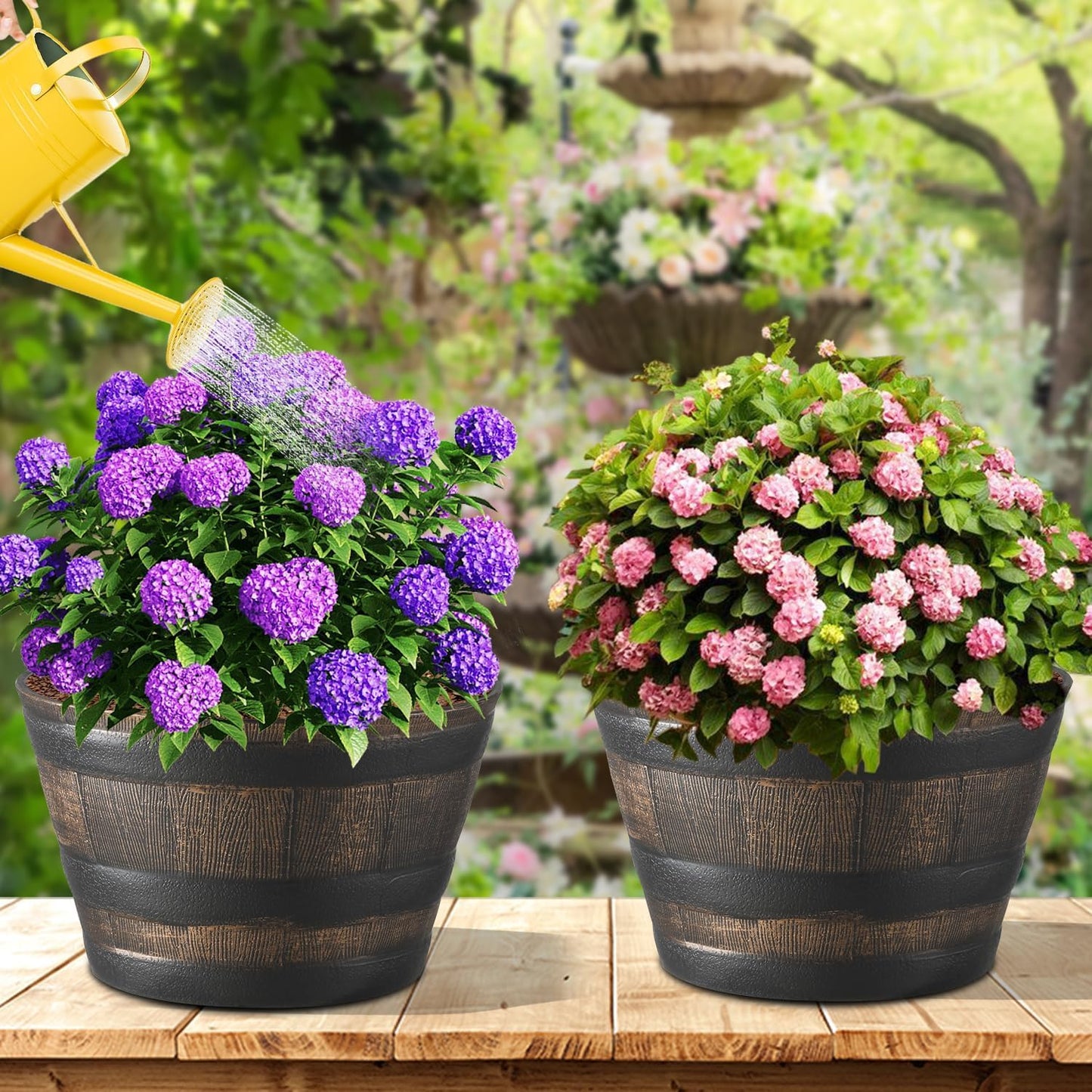 YI 4 Pack Whiskey Barrel Garden Planters 13” Rustic Oak Resin Planter for Indoor & Outdoor Plant Flower Pot