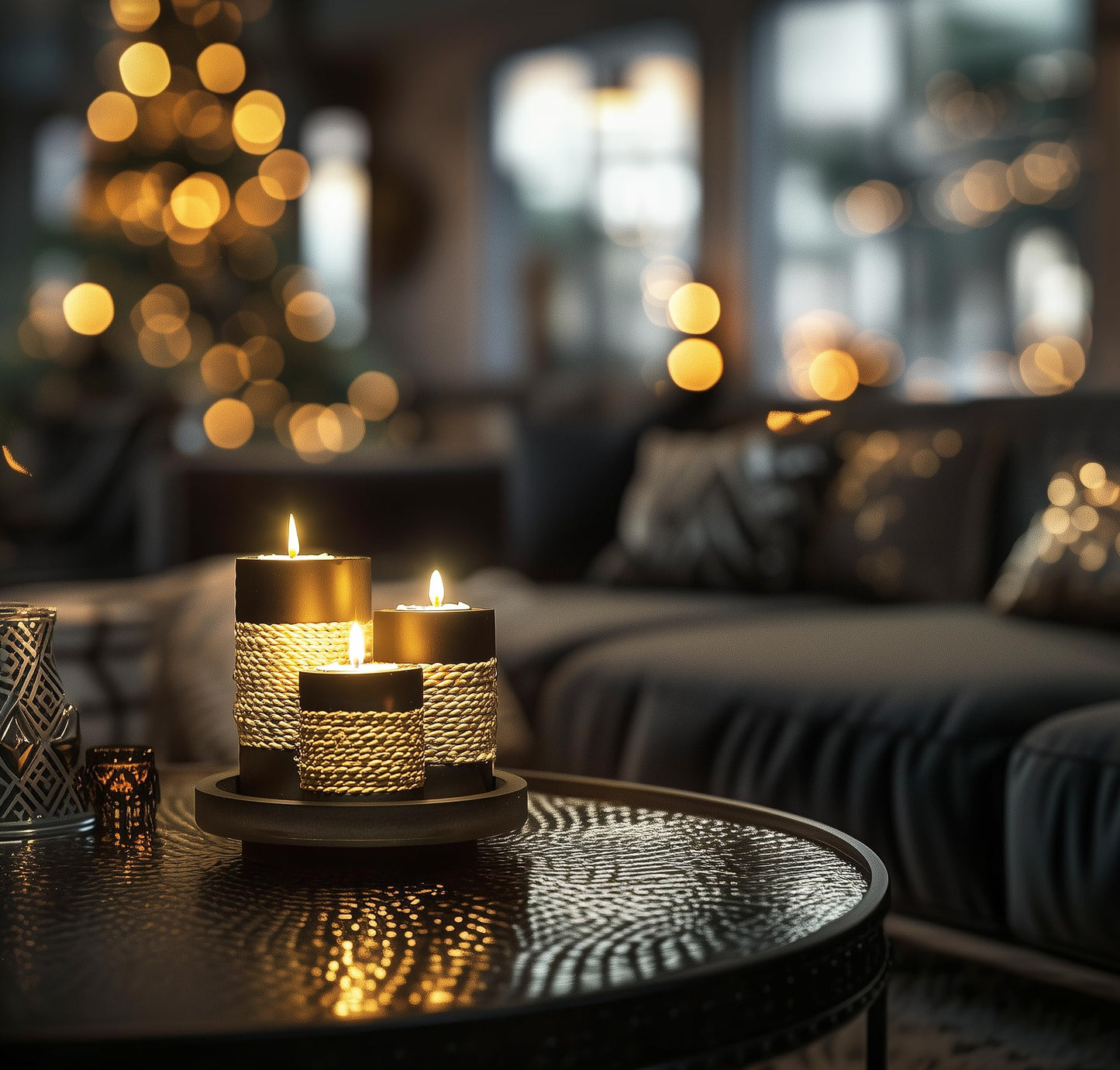 IYARA CRAFT Tealight Candle Holders with Tray – Set of 3 Rustic Black Wooden Candle Holders with Natural Rope Accent, Cozy Centerpiece for Romantic Dinner Table Decor, Anniversary & Housewarming Gifts