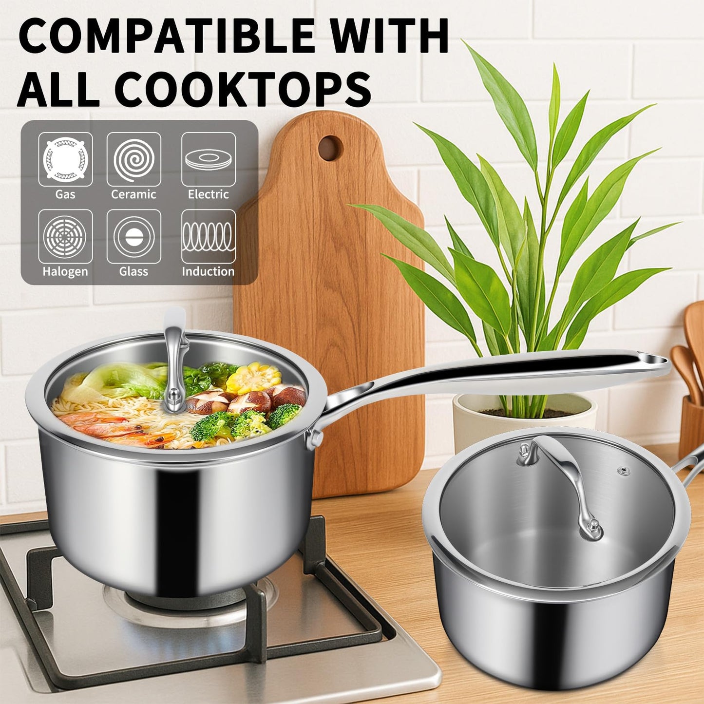 EWFEN 3 Ply Stainless Steel Sauce Pan Set with Lids, 1 & 2 Quart Multipurpose Cooking Pot, Stay-Cool Handle, Induction Oven Dishwasher Safe, 1QT & 2QT