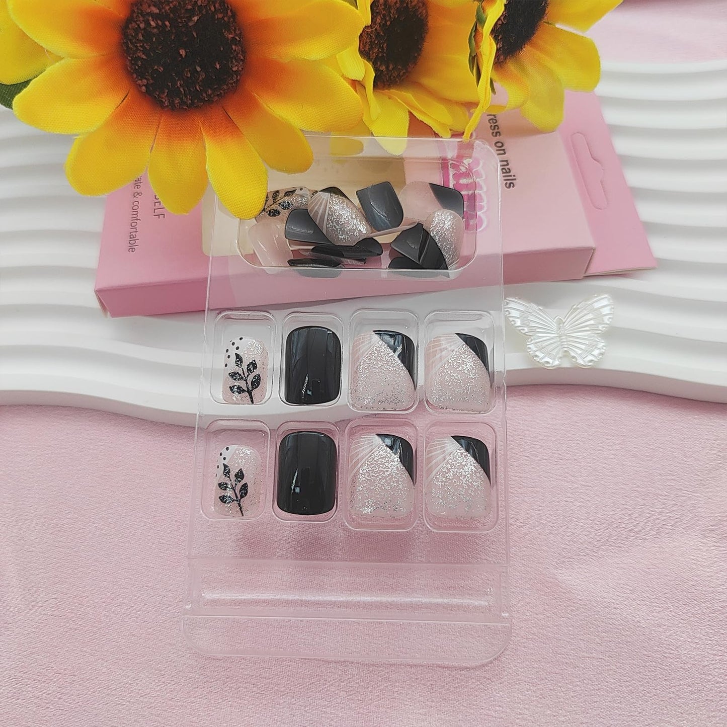 YOJIATOP Fall Press-on Nails - Short Square False Nails with Leaves & Glitter Designs, French Tip, Glossy Glue-on Nails - Black - 24 Pcs