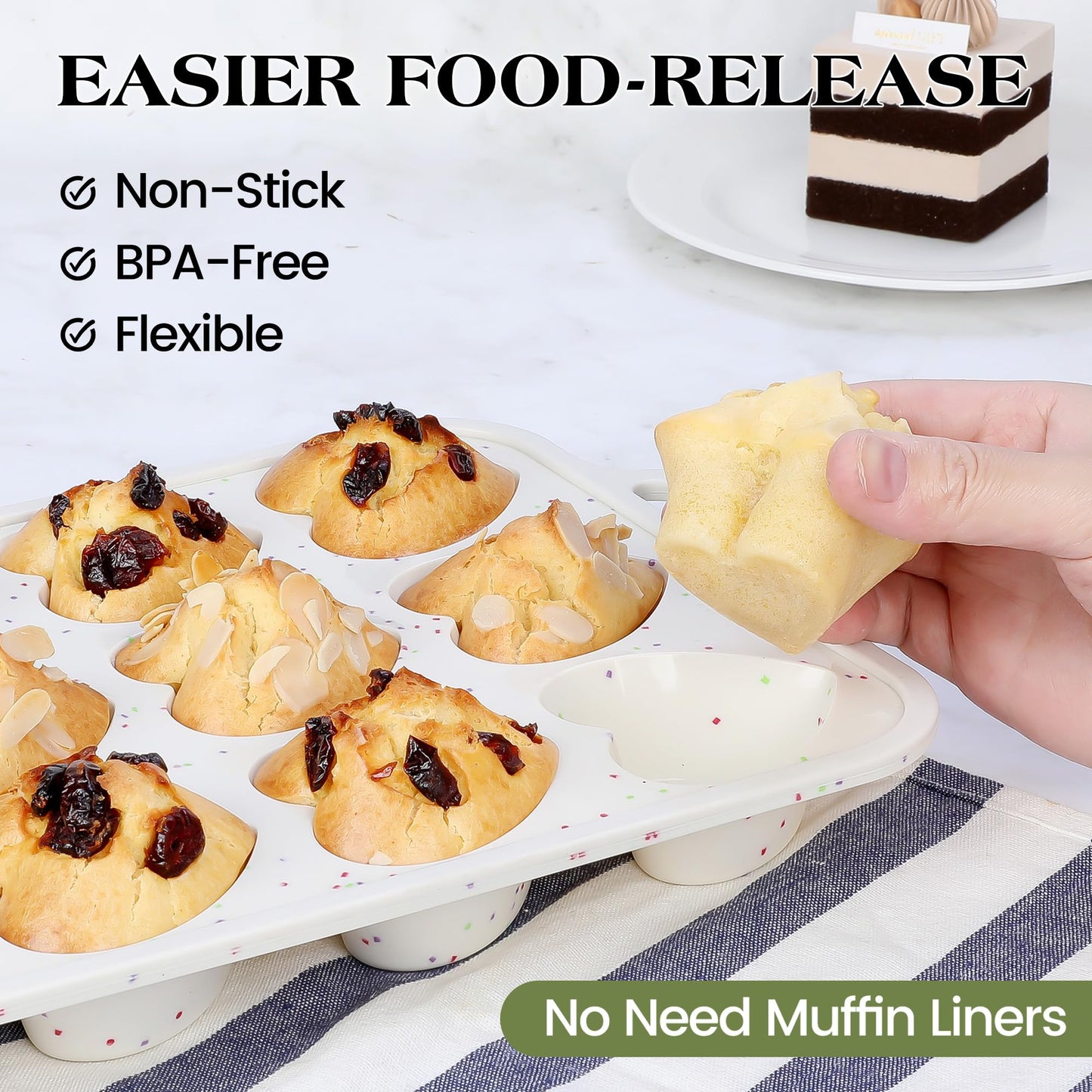 AOTASO 2 Pcs Heart Shaped Muffin Pan with Metal Reinforced Frame 12 Cup Nonstick Silicone Heart Cake Mold for Baking 2.5 Inch Cupcake Tray (Cream)