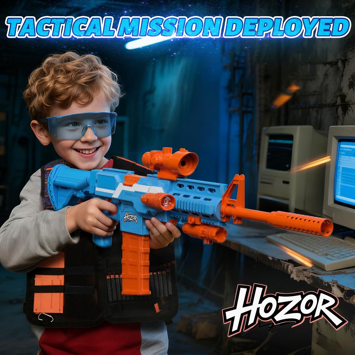 Hozor TriFireX Rechargeable Motorized Blaster Tactical Vest Kit, Multi-Play Styles, 3 Firing Modes, 2 Clips, 150 Foam Darts, Kids Toys & Gifts.
