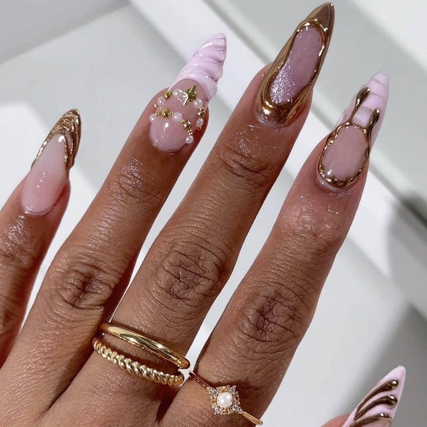 Almond Press on Nails Long Fake Nails Pink Artificial Nail Gold Charm Designs Stick on Nail for Women 24pcs