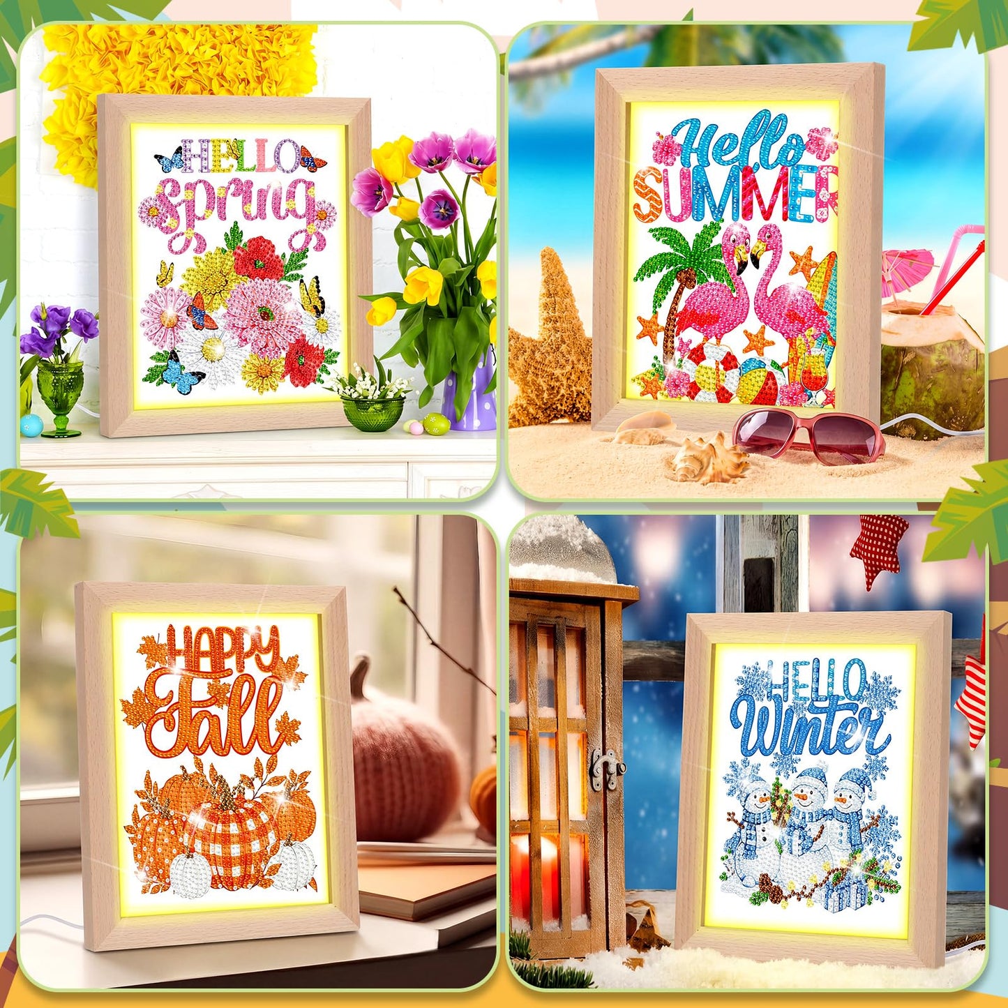 Chunful 13 Pcs Interchangeable Diamond Art Kits for Adult Seasonal Summer Diamond Painting with Wooden Light Frame Holiday Patriotic 5d Rhinestones Tabletop Decor for DIY Craft Gift, Table Tiered Tray