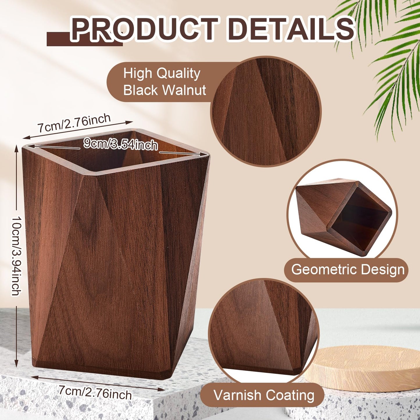 Henoyso 2 Pcs Wood Pen Pencil Holder Geometric Pencil Cup Stand Makeup Organizer for Pen Holder Desk Home Office Adults(Black Walnut)