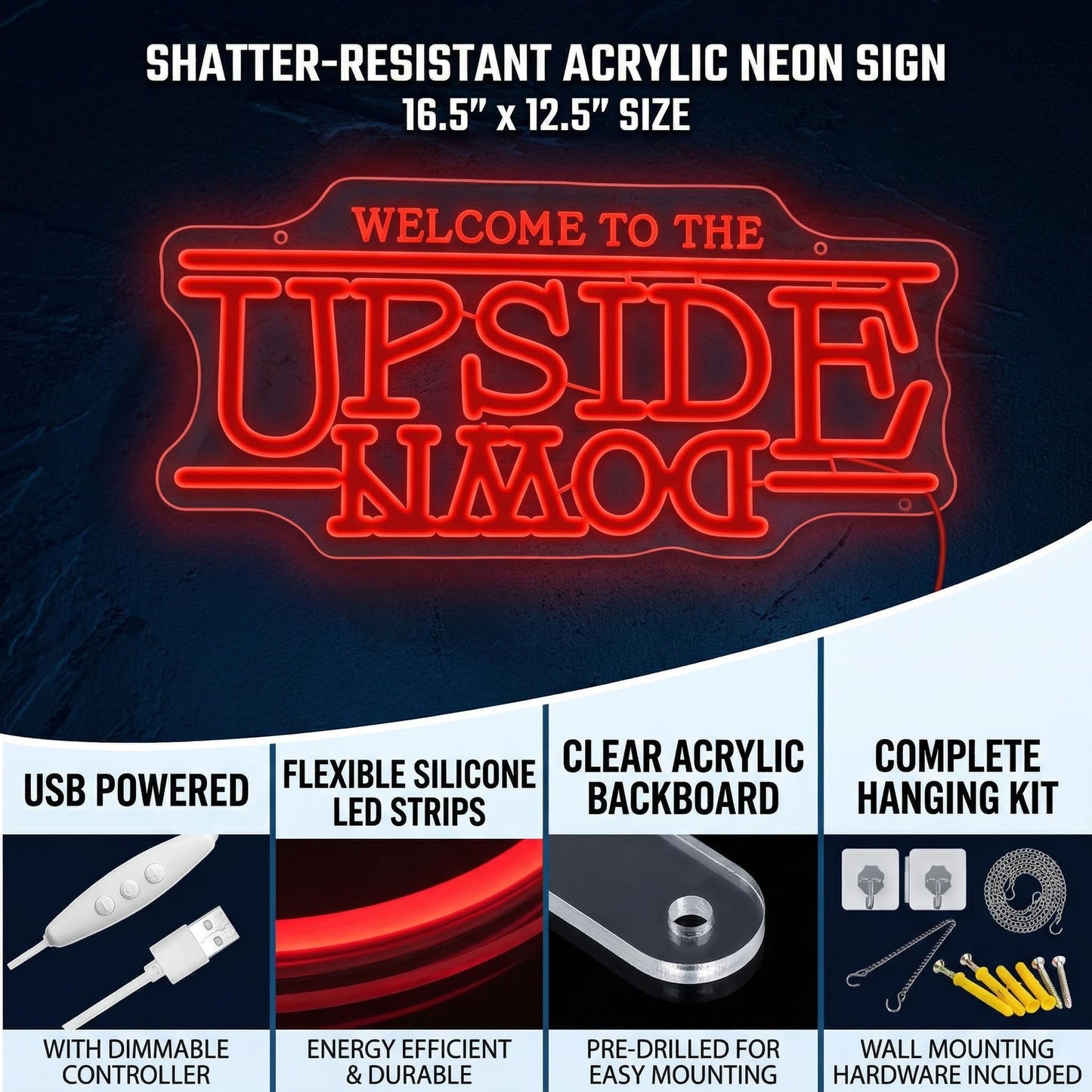 Jesalah Welcome To The Upside Down Neon SignLED Sign – "World Upside Down" Retro Sci-Fi Wall Light with Chain & Mounting Kit, 16.5"x12.5", USB Powered for Bedroom, Game Room & Bar Decor