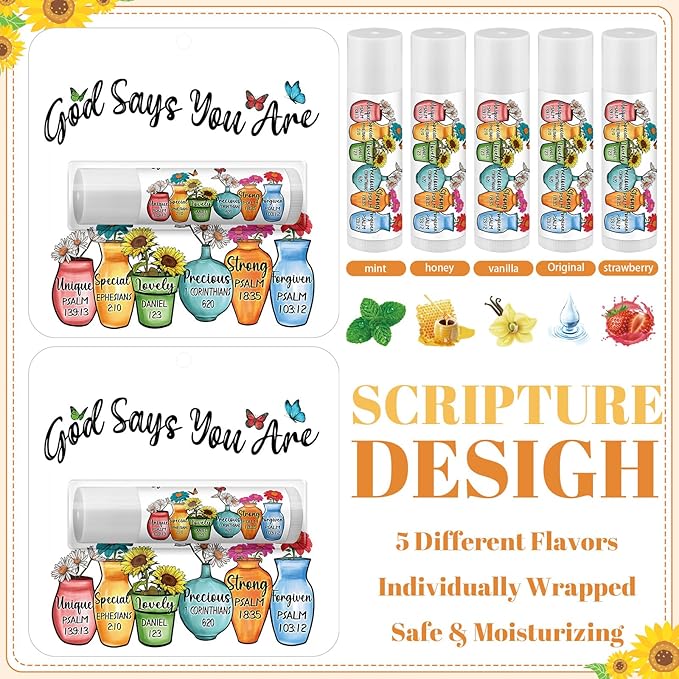 25 Pack Christmas Sunflower Gifts Religious Bible Verse Lip Balms Bulk 5 Flavor for Women Men Christian Religious Church Party Favors with Scripture Inspirational Gifts for Coworkers Staff