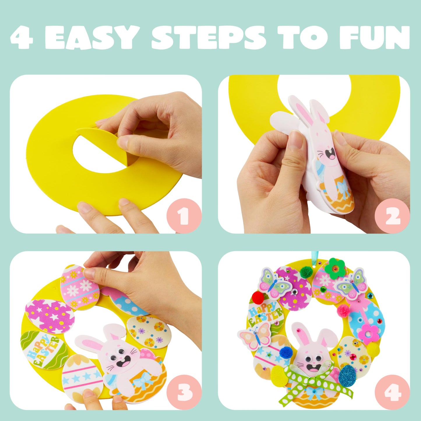 JOYIN 12 Sets Easter Wreath Signs Decorations, DIY Foam Craft Kit with Bunny, Chick & Egg Foam Stickers, Amusing Wiggle Eyes and Pom-Poms for Kids Easter Kids Activities, Party, Gift Decorations.