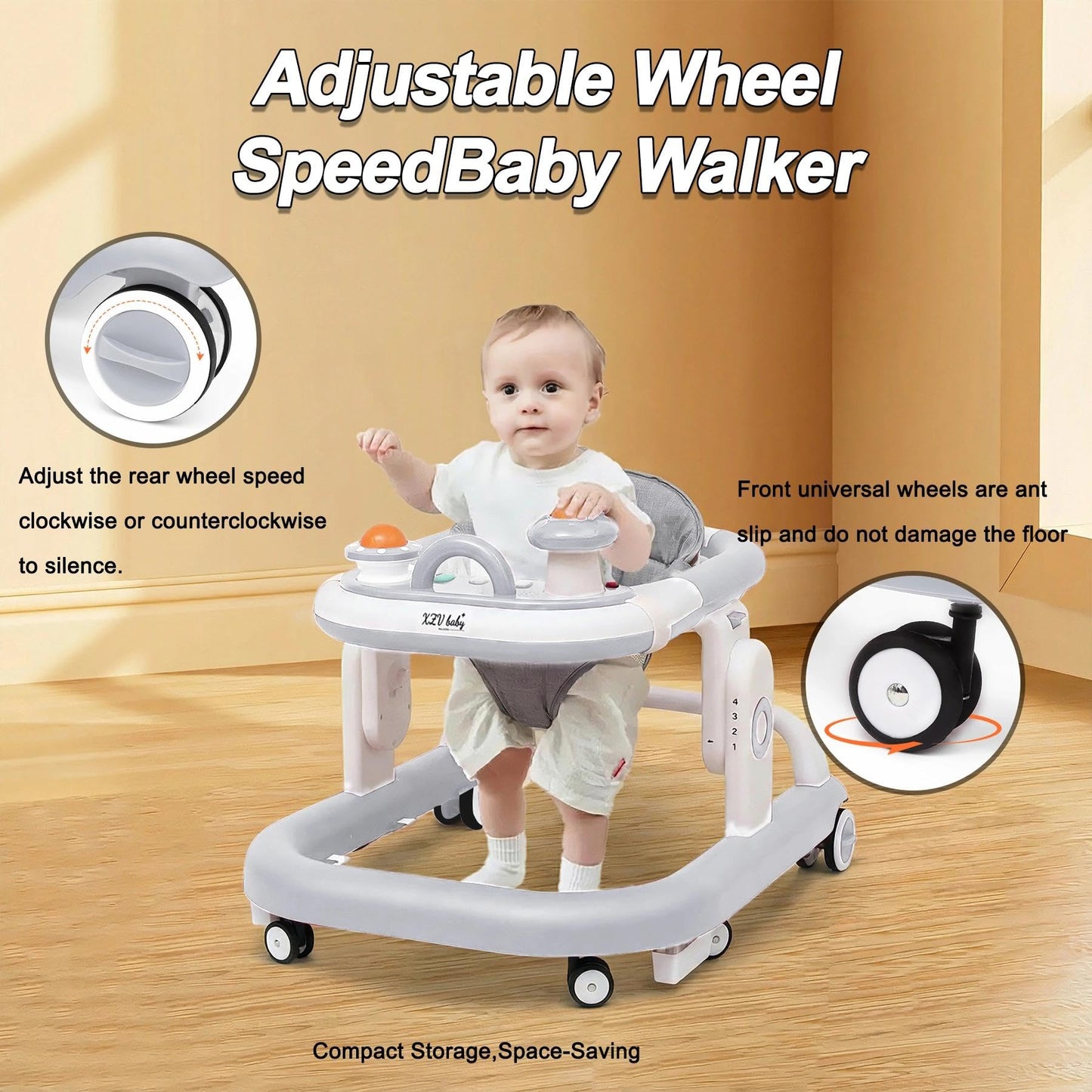 5-in-1 Baby Walker with Wheels Foldable Height-Adjustable Walker for Baby Boy 6-12 Months with Feeding Tray Multi-Functional Activity Center (Grey)