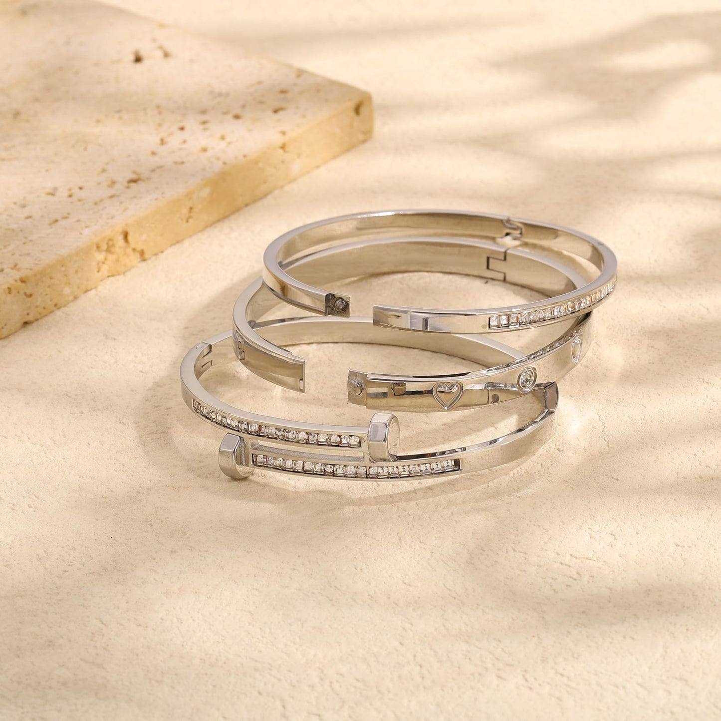Camhanno Stackable Silver Bracelets for Women Stainless Steel Love & Friendship Bangle, Mothers Day Valentines Birthday Christmas Jewelry Gifts for Mom Her Wife Grandma(Style 15)
