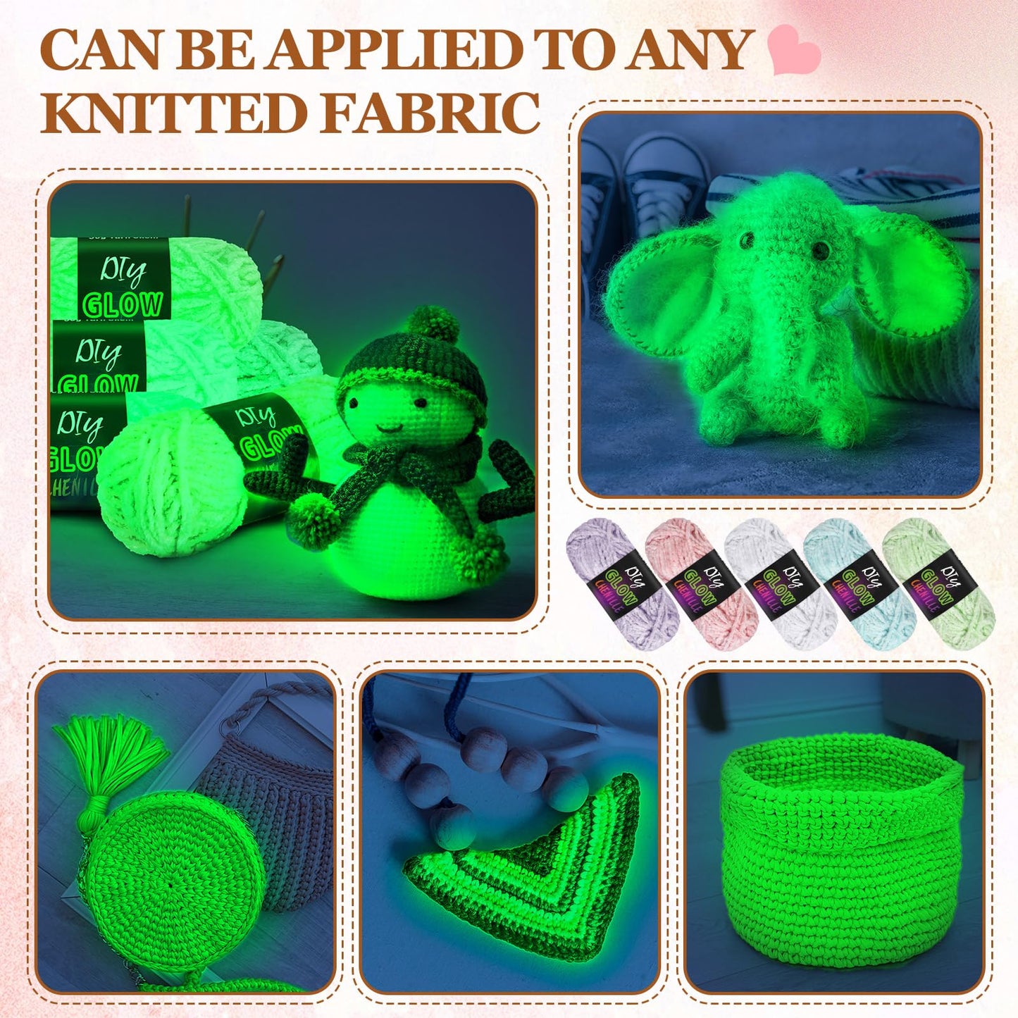 Fanfanwin 5 Rolls Glow in the Dark Yarn Fluffy Chenille Yarn for Crocheting & Knitting Glow Sewing Projects Fun Birthday DIY Gifts for Beginners Women 382 Yd/ 350 M Total(Fresh Colors)