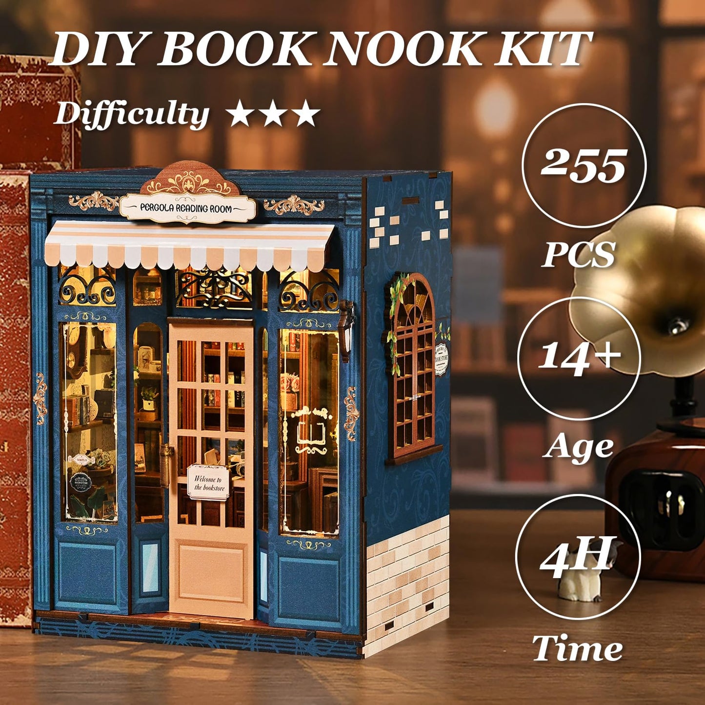 DIY Miniature Dollhouse Kit Book Nook Pergola Reading Room with LED Light, Wooden 3D Miniature House Craft Kit for Adults, Bookshelf Insert Decor