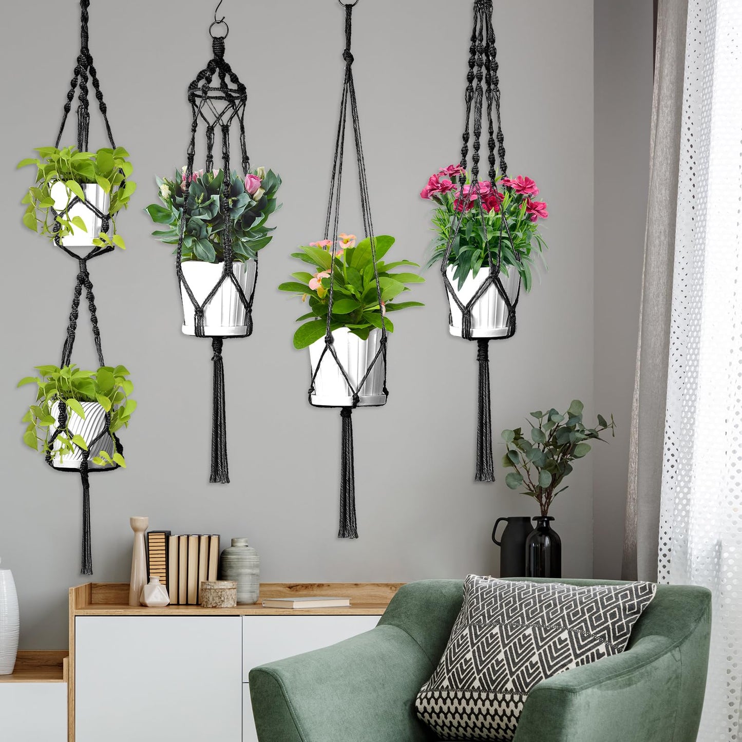 Hoteam 12 Pcs Macrame Plant Hangers Macrame Hanging Planters for Indoor Plants Handmade Boho Hanging Baskets Flower Pots Holder for Outdoor Home Wall Decor(Black)